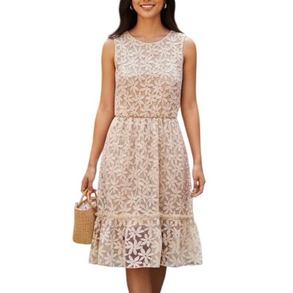Luxology Daisy Lace Midi Dress Size 6 Cream Floral Ruffle Hem Coquette Fairy‎